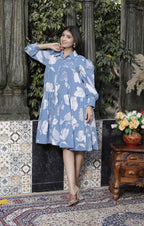 Miravan Women's Sky Blue Flower Printed Pure Cotton Collar Neck Loose Fit Tiered Fit And Flare Dress | Grocsy