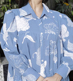 Miravan Women's Sky Blue Flower Printed Pure Cotton Collar Neck Loose Fit Tiered Fit And Flare Dress | Grocsy