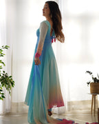Lorenvalley Fashion Women Pure Soft Georgette Padding Fabric Fully Flair Anarkali Pant With Dupatta Set - Blue | Grocsy