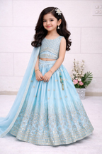 Evanik Skyblue Chinon Silk Embroidered Work Wedding Kids Lehenga Choli | Grocsy