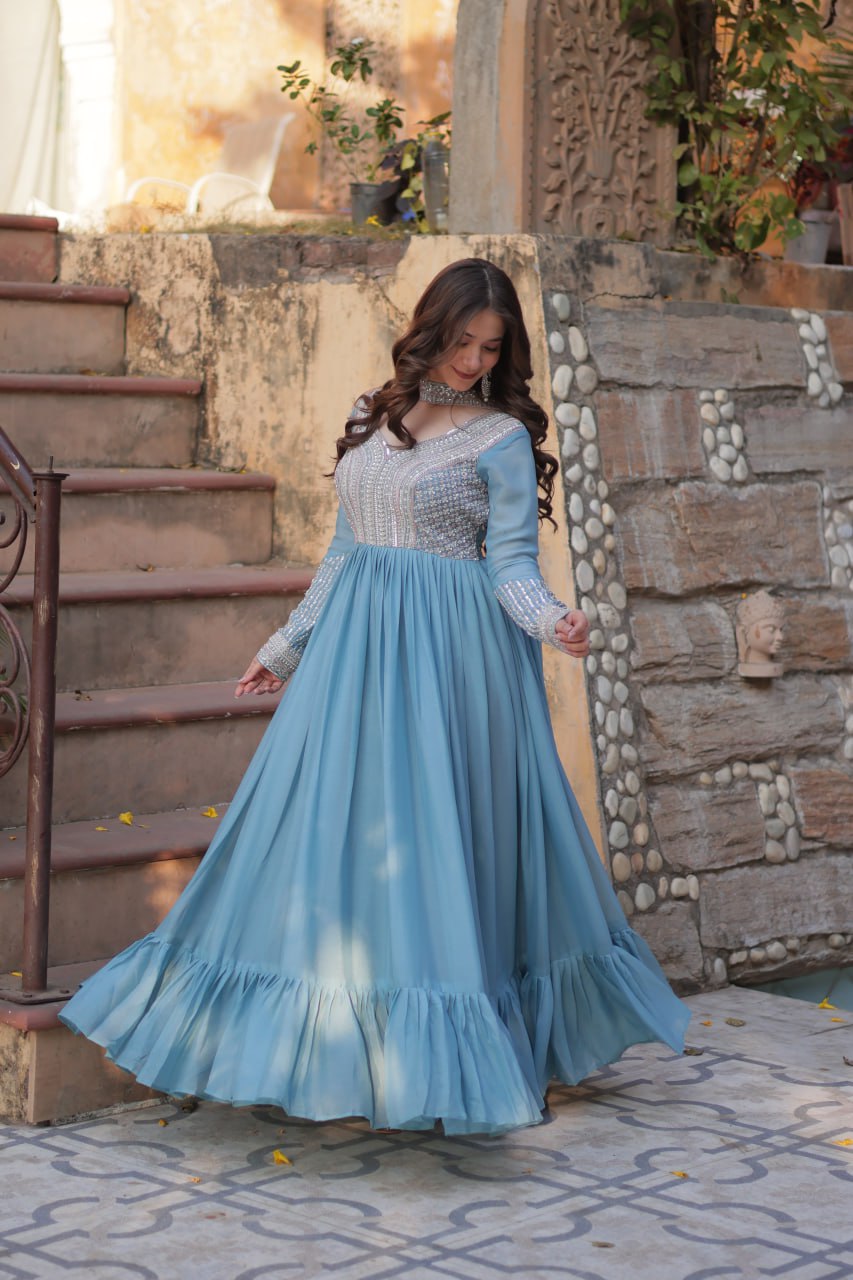 Evanik Sky Blue Star Georgette with Embroidery Beads Sequins-work Gown With Dupatta | Grocsy