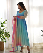 Evanik Sky Blue Pure Soft Georgette Padding Fabric Fully Flair Anarkali Pant With Dupatta Set | Grocsy