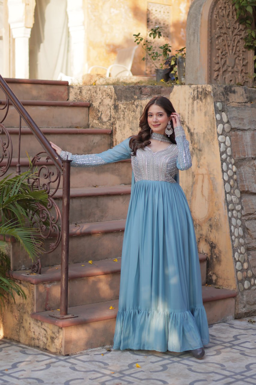 Evanik Sky Blue Star Georgette with Embroidery Beads Sequins-work Gown With Dupatta | Grocsy