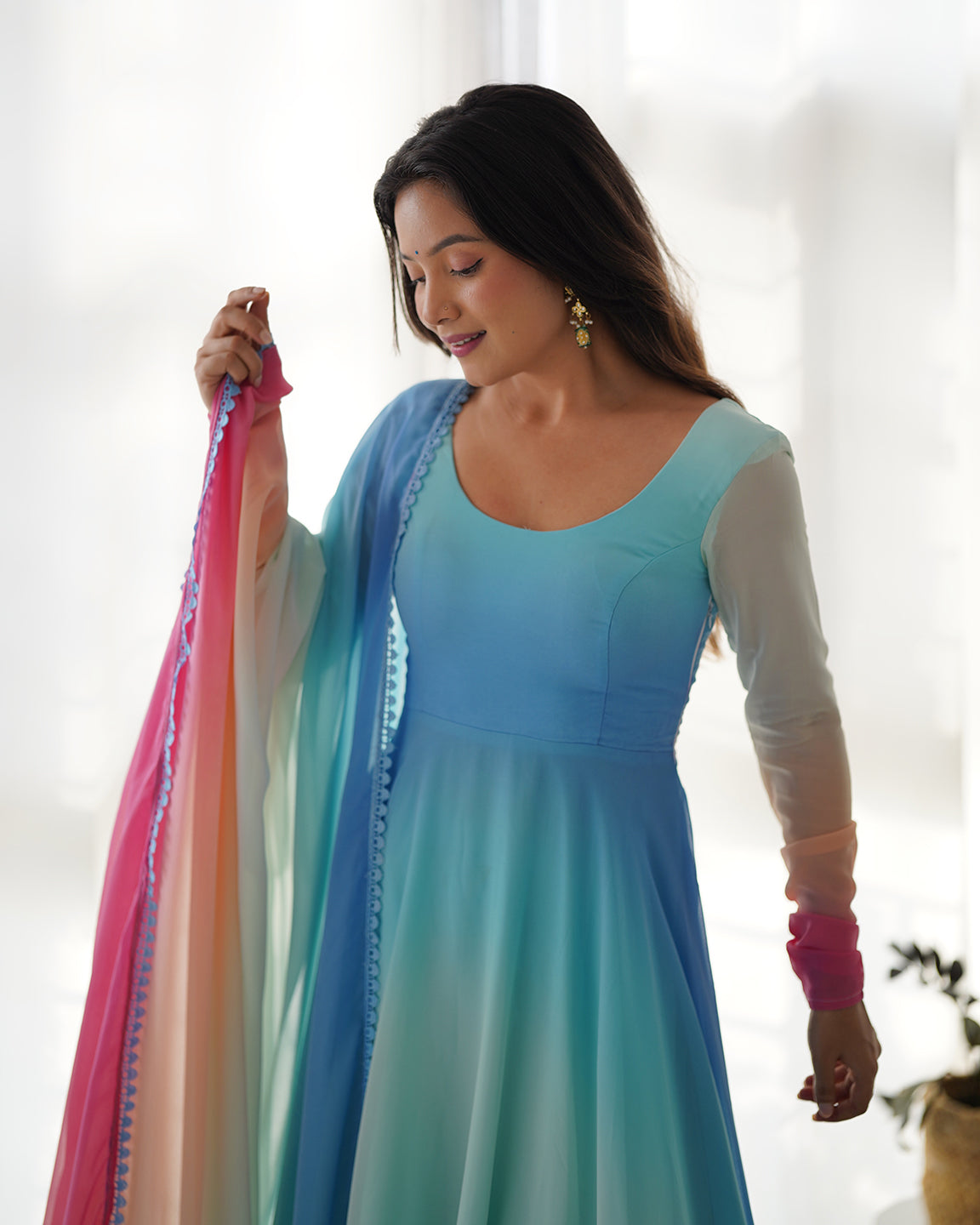 Evanik Sky Blue Pure Soft Georgette Padding Fabric Fully Flair Anarkali Pant With Dupatta Set | Grocsy