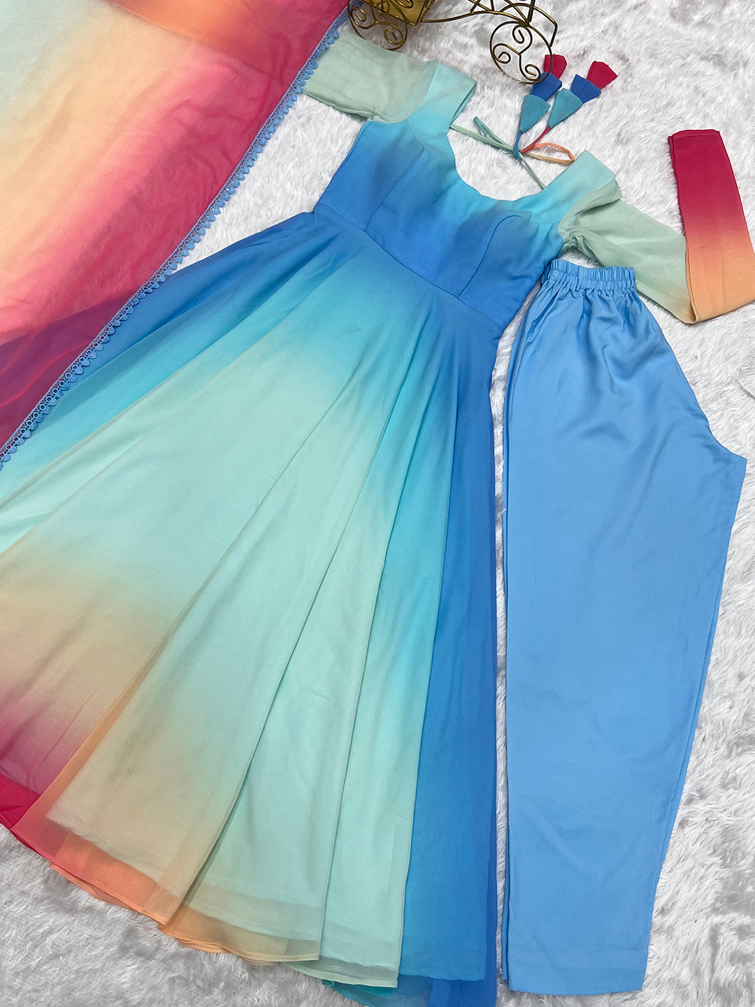 Evanik Sky Blue Pure Soft Georgette Padding Fabric Fully Flair Anarkali Pant With Dupatta Set | Grocsy