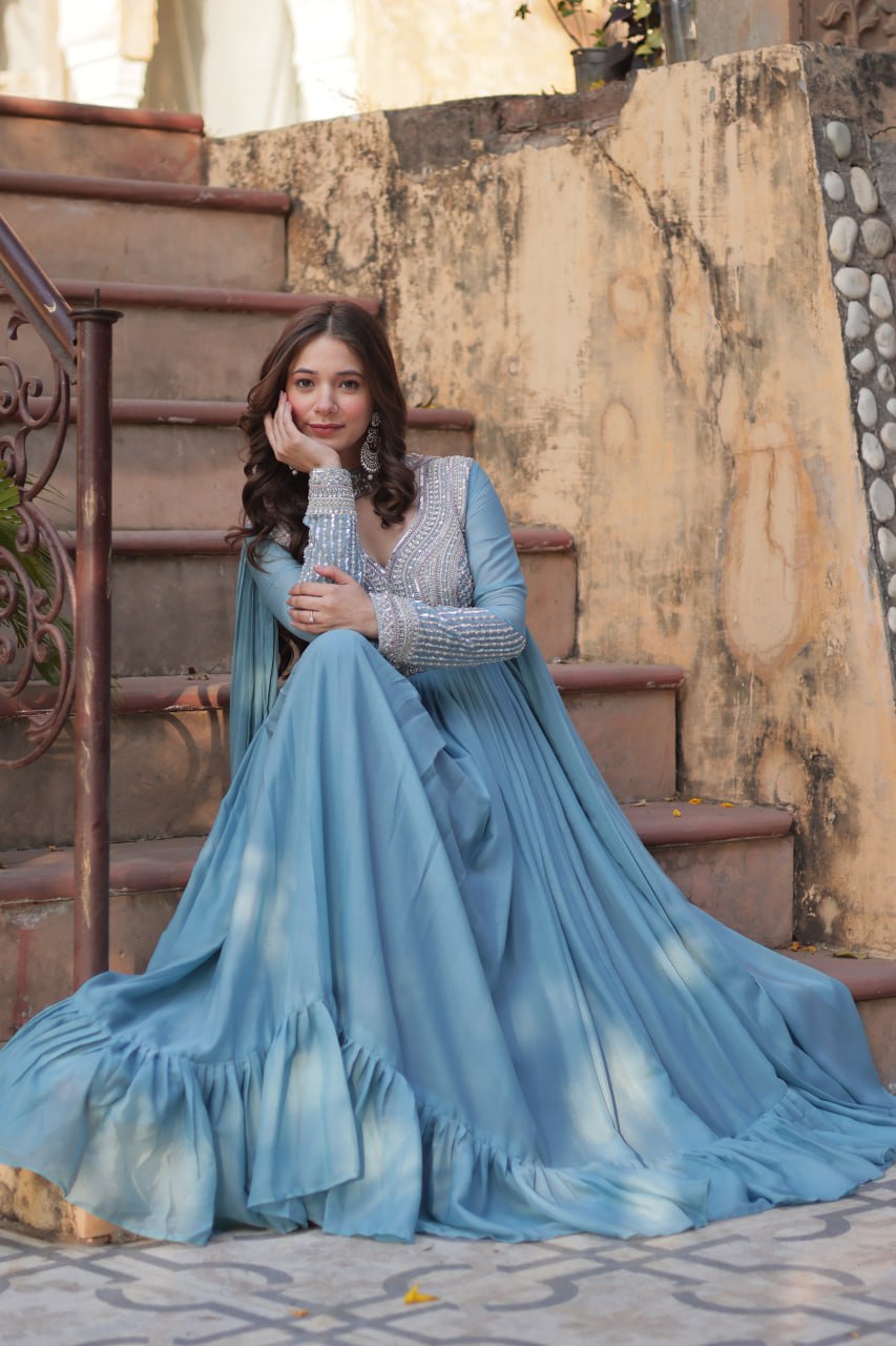 Evanik Sky Blue Star Georgette with Embroidery Beads Sequins-work Gown With Dupatta | Grocsy