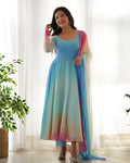 Evanik Sky Blue Pure Soft Georgette Padding Fabric Fully Flair Anarkali Pant With Dupatta Set | Grocsy