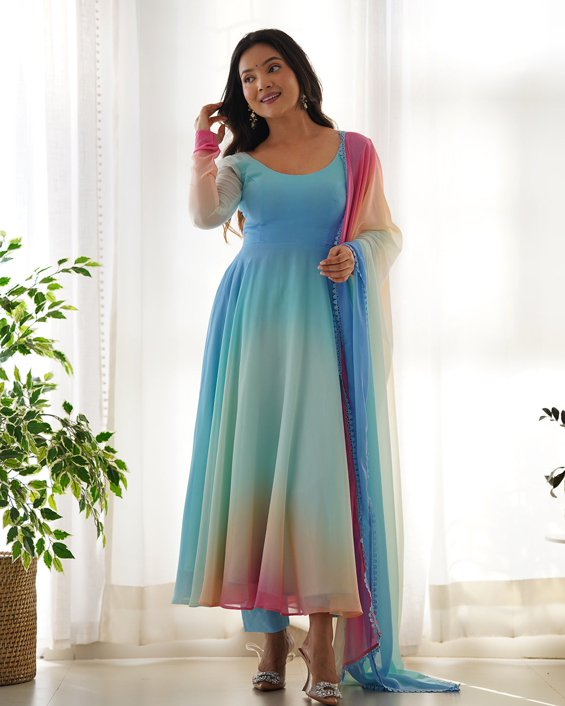 Evanik Sky Blue Pure Soft Georgette Padding Fabric Fully Flair Anarkali Pant With Dupatta Set | Grocsy
