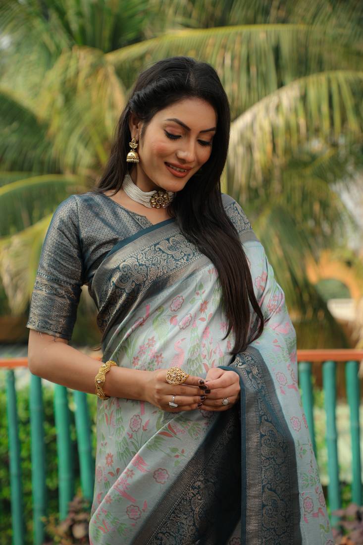 Anaita Sky Blue Woven Design Pure Kanjivaram Soft Satin Silk Saree With Blouse | Grocsy