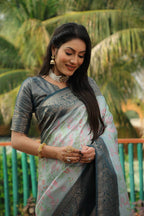 Anaita Sky Blue Woven Design Pure Kanjivaram Soft Satin Silk Saree With Blouse | Grocsy
