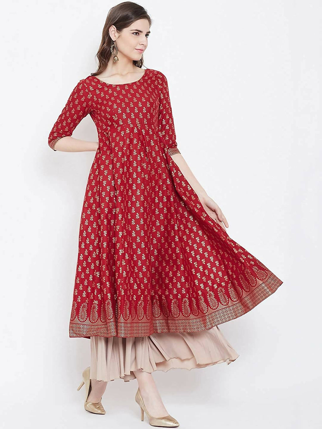 Cheera Embellished Daily Wear Cotton Blend Kurta - Red | Grocsy
