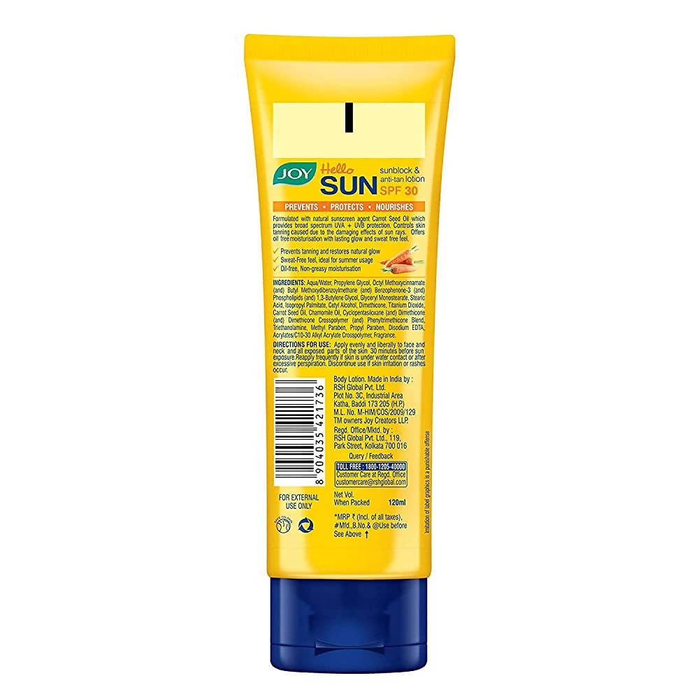 Joy Hello Sun Sunblock and Anti Tan Lotion SPF 30 PA++ | Grocsy