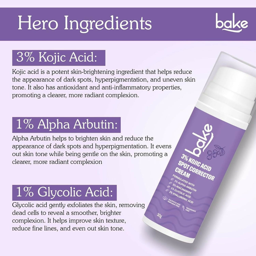 BAKE 3% Kojic Acid Spot Corrector Cream with Alpha Arbutin for Pigmentation | Grocsy