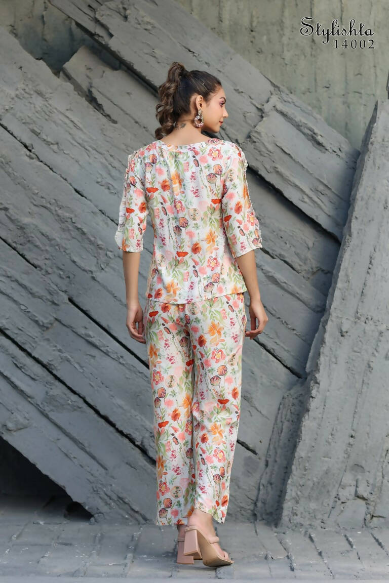 Women's Partywear Designer White & Multi Muslin co-ord set - Stylishta | Grocsy