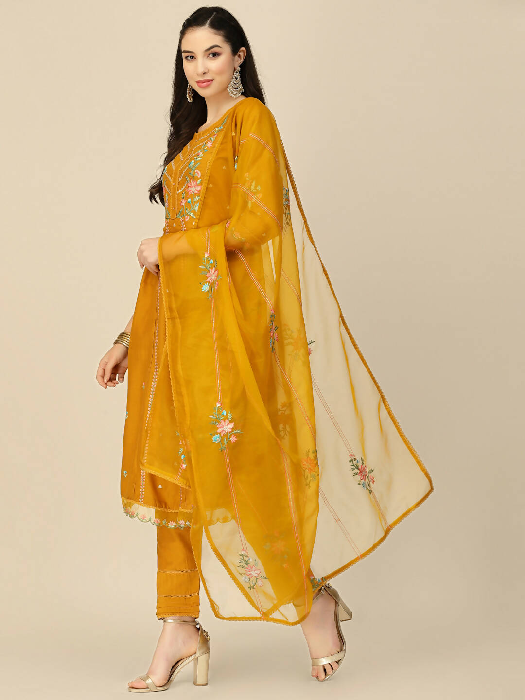 Mustard Embroidered Chinon Straight Kurta With Trouser & Dupatta - Salimar | Grocsy