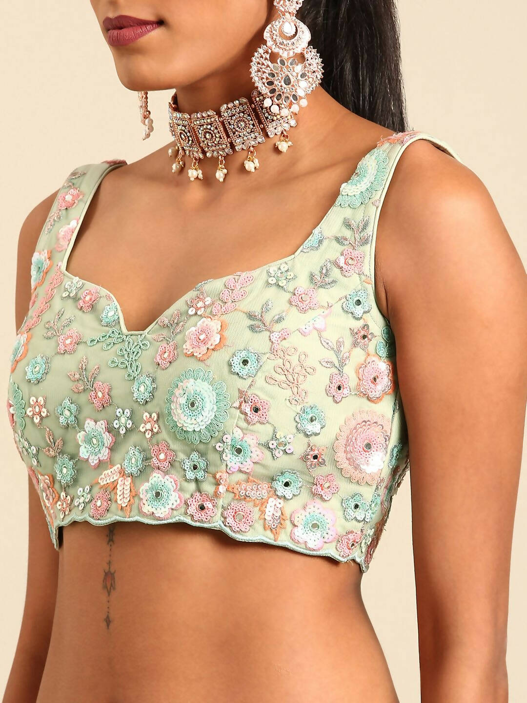 House of Panchhi Lime Green Net Sequins, Mirror and thread embroidery Lehenga choli & Dupatta | Grocsy