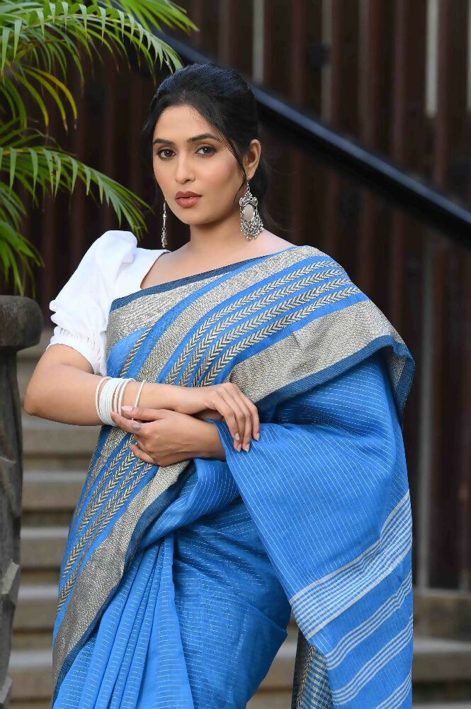 Beatitude Blue Cotton Handloom Saree | Grocsy