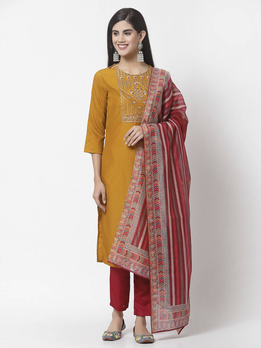 Myshka Women Mustard Viscose Embroidered 3/4 Sleeve Round Neck Kurta Pant Dupatta Set | Grocsy