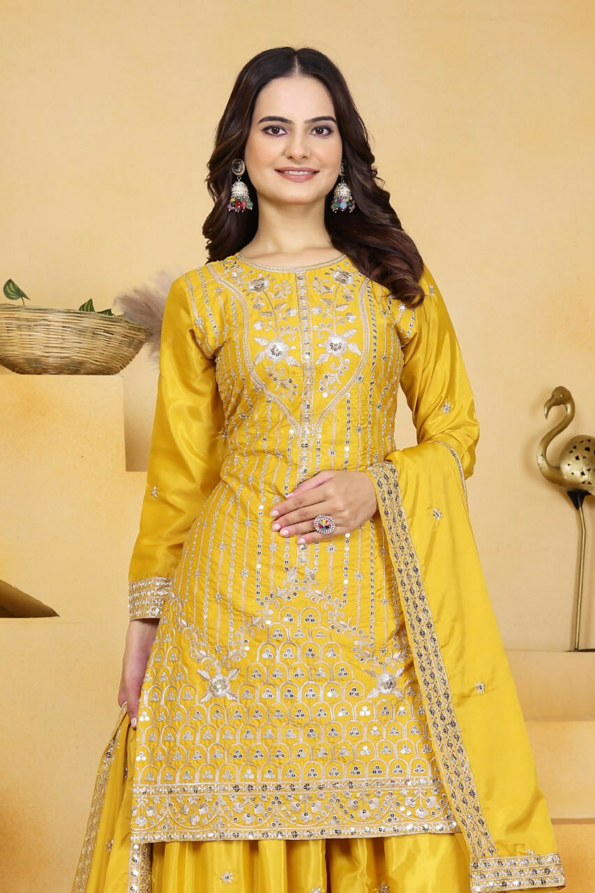 Teeya Creation Yellow Color Natural Crepe Silk Wedding Wear Trending Palazzo Set | Grocsy