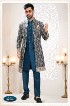 Joban Fashion Men's Blue Straight Silk Thread And Sequence Embroidery All Over 3 Pc Kurta Set | Grocsy