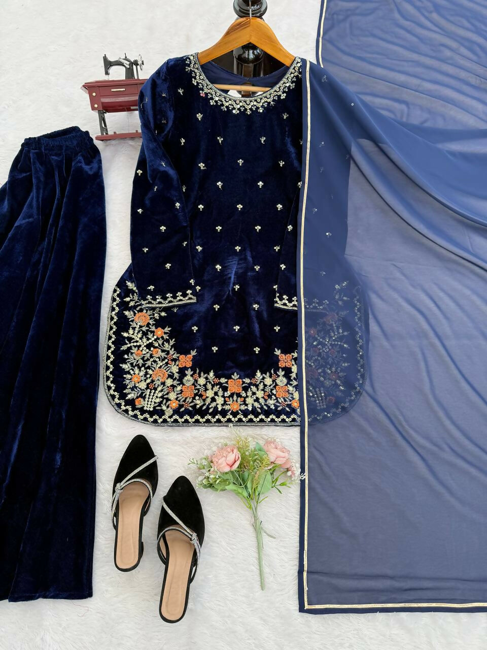 Vastranavya Blue Viscose Velvet Thread Sequence Work Kurta & Palazzo With Dupatta | Grocsy