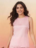 Janasya Baby Pink Straight Satin Pant Co-ord Sets | Grocsy
