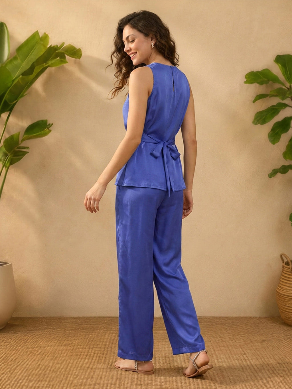 Janasya Royal Blue Straight Satin Pant Co-ord Sets | Grocsy