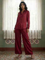 Janasya Maroon Straight Satin Co-Ords | Grocsy