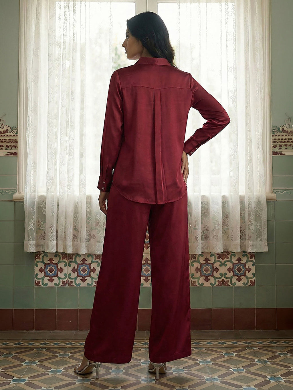 Janasya Maroon Straight Satin Co-Ords | Grocsy