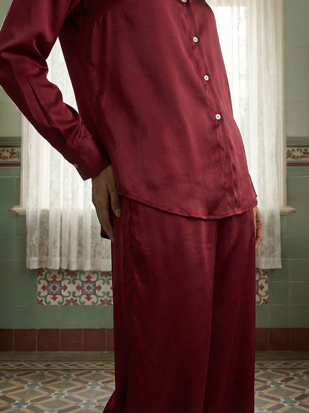 Janasya Maroon Straight Satin Co-Ords | Grocsy