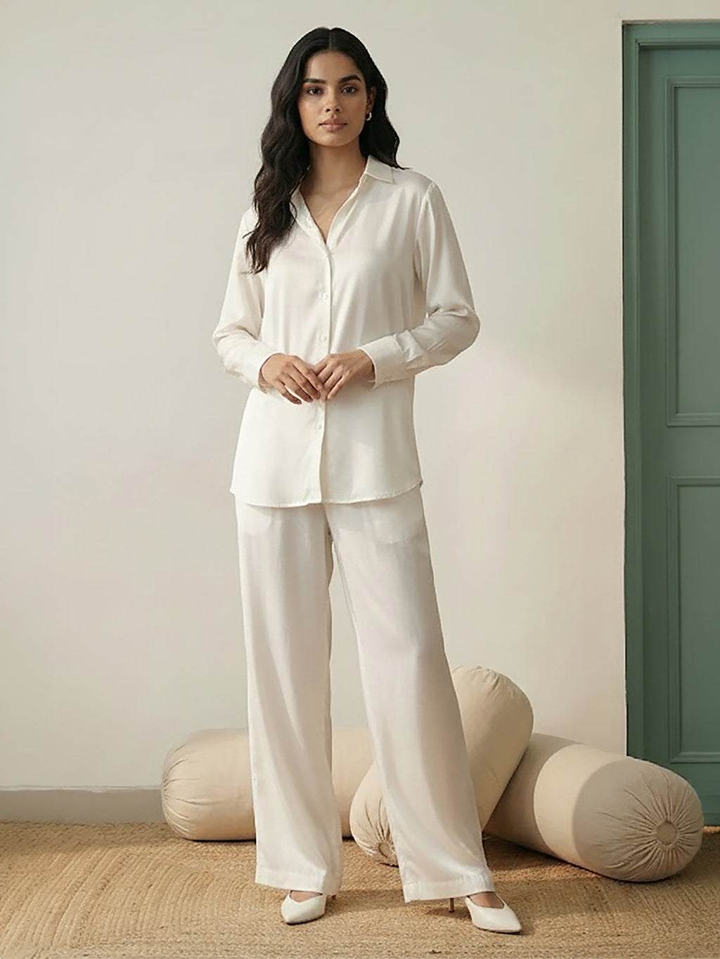 Janasya White Straight Satin Co-Ords | Grocsy