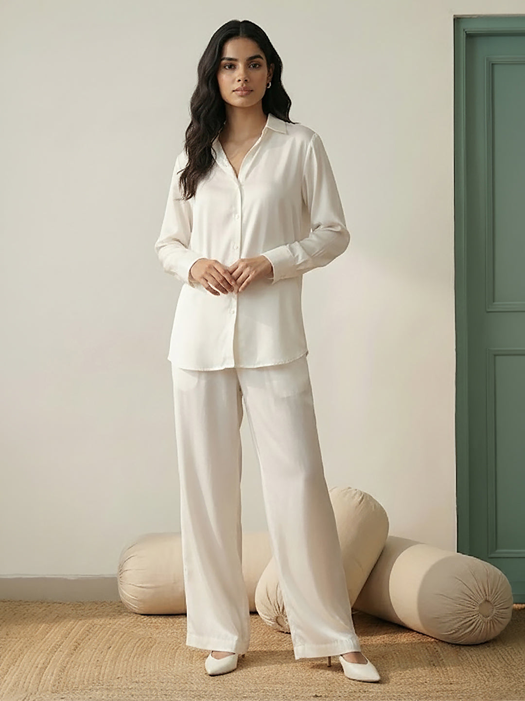 Janasya White Straight Satin Co-Ords | Grocsy