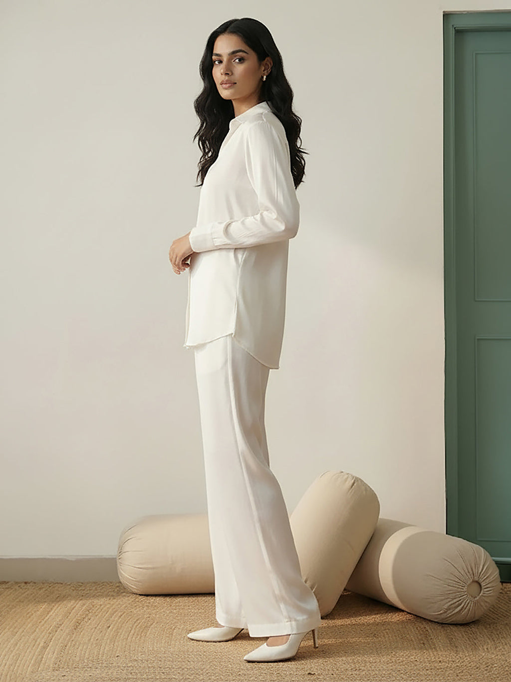 Janasya White Straight Satin Co-Ords | Grocsy