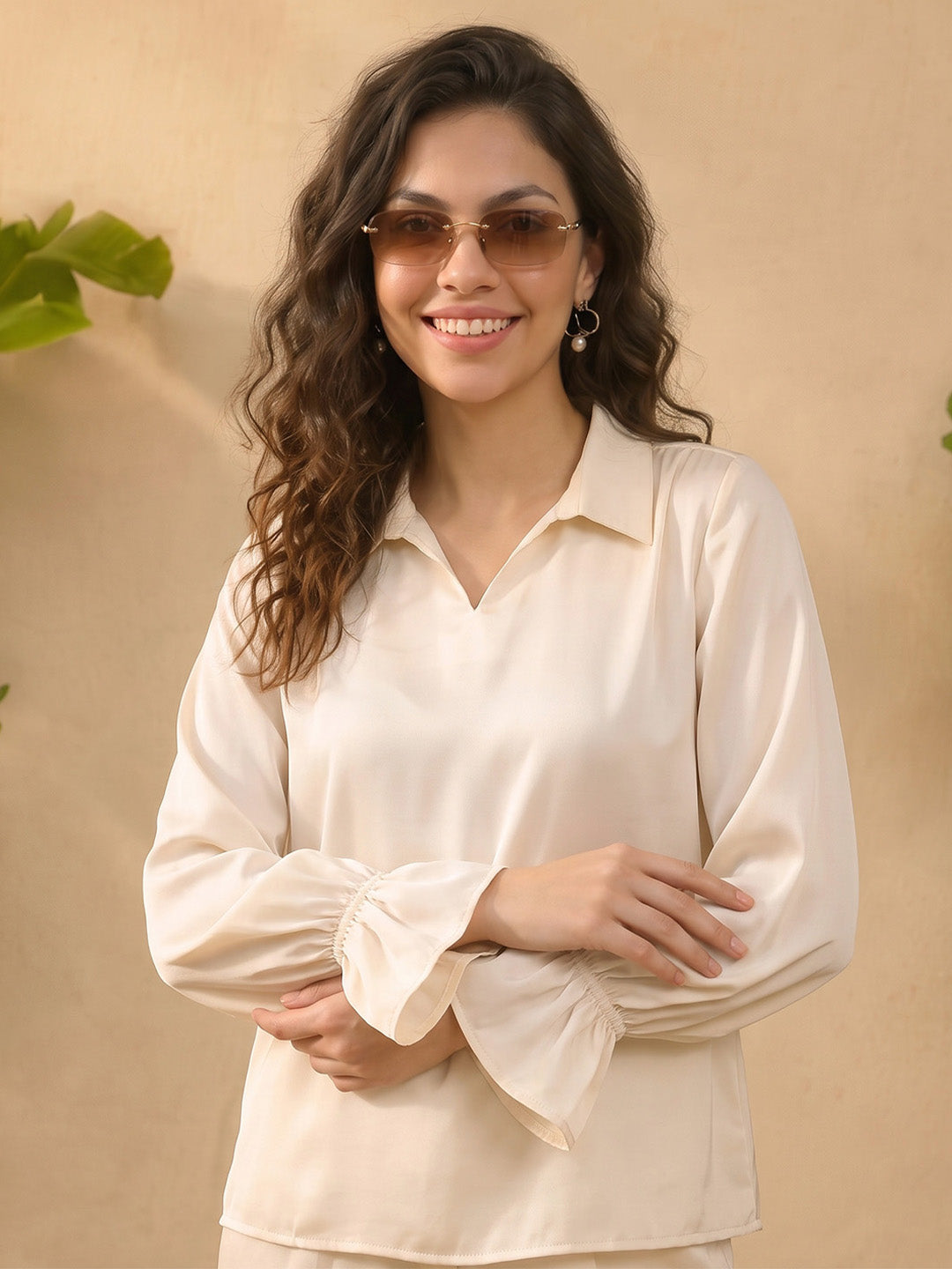 Janasya Cream Straight Satin Pant Co-ord Sets | Grocsy