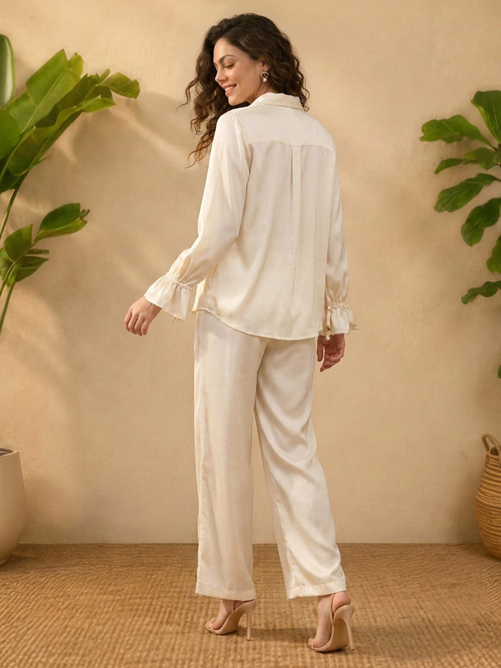 Janasya Cream Straight Satin Pant Co-ord Sets | Grocsy