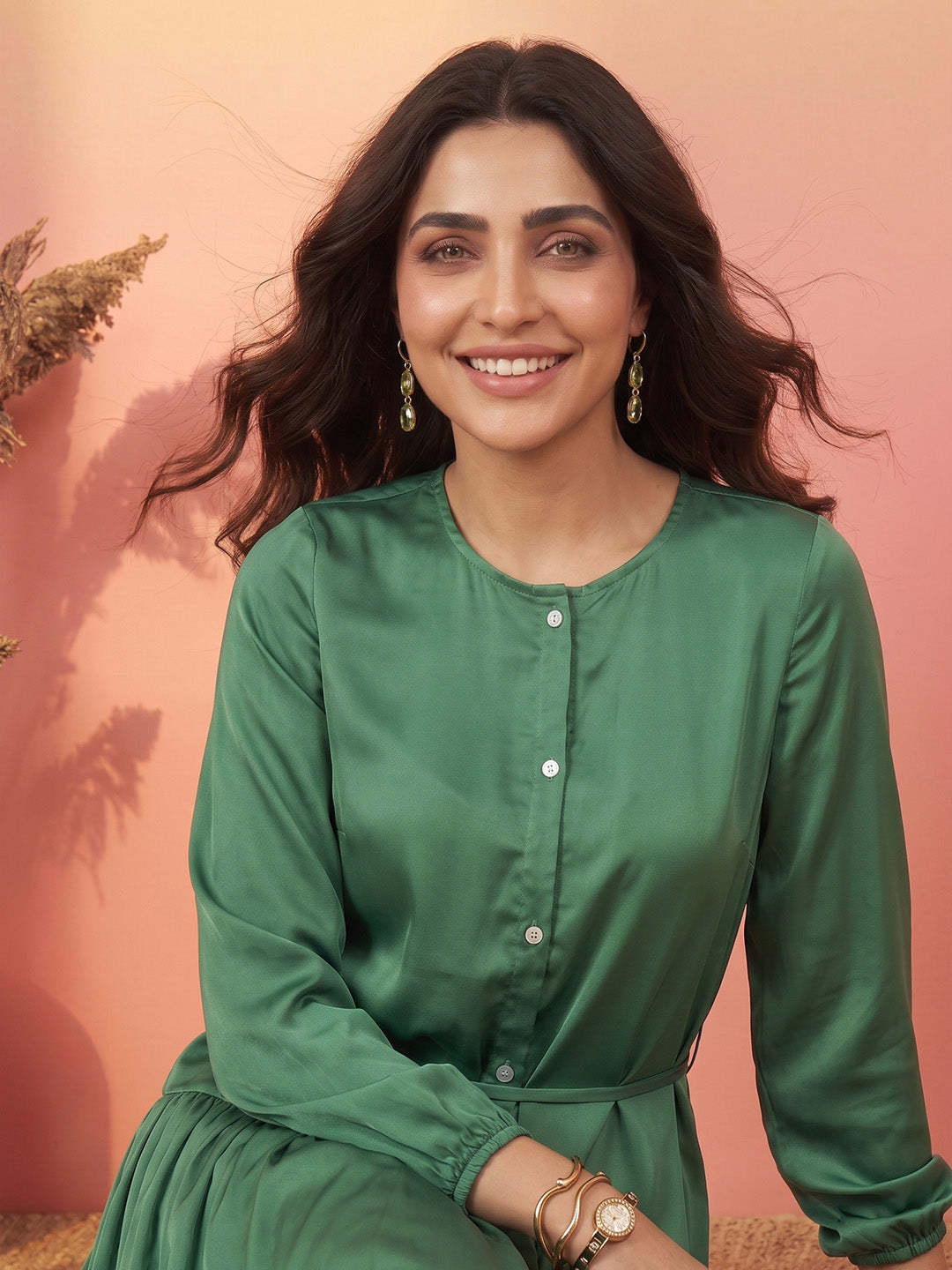 Janasya Dark Green Fit & Flare Satin Dress | Grocsy