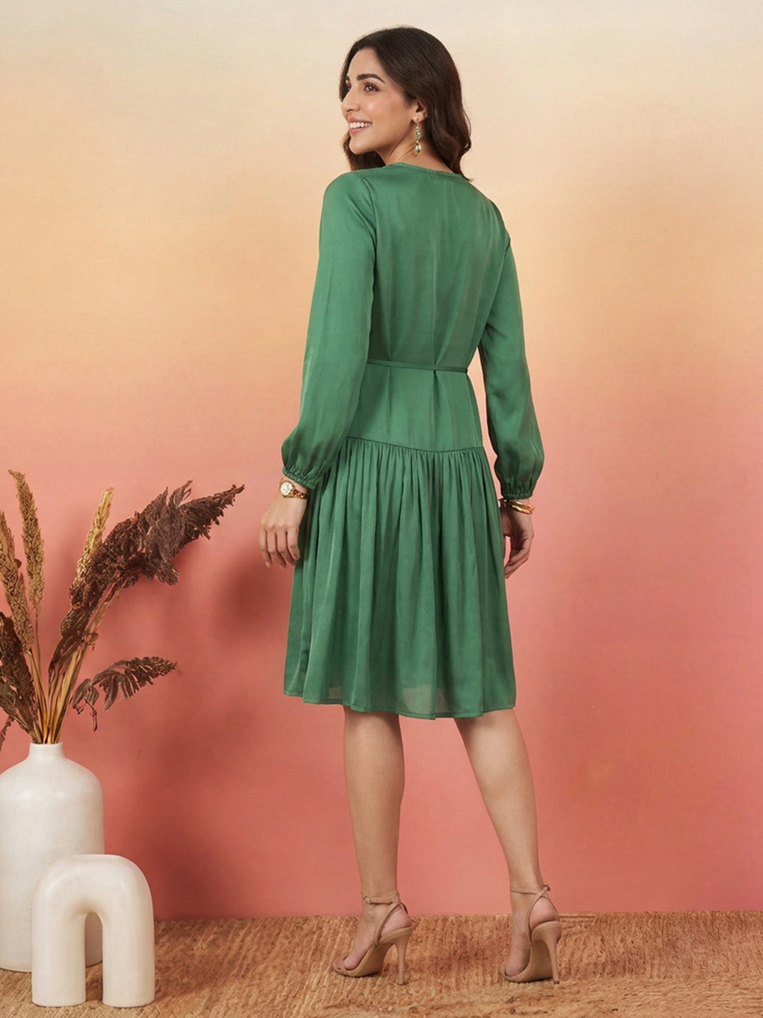 Janasya Dark Green Fit & Flare Satin Dress | Grocsy