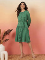 Janasya Dark Green Fit & Flare Satin Dress | Grocsy