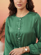 Janasya Dark Green Fit & Flare Satin Dress | Grocsy