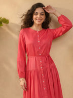 Janasya Pink Gathered Satin Dress | Grocsy