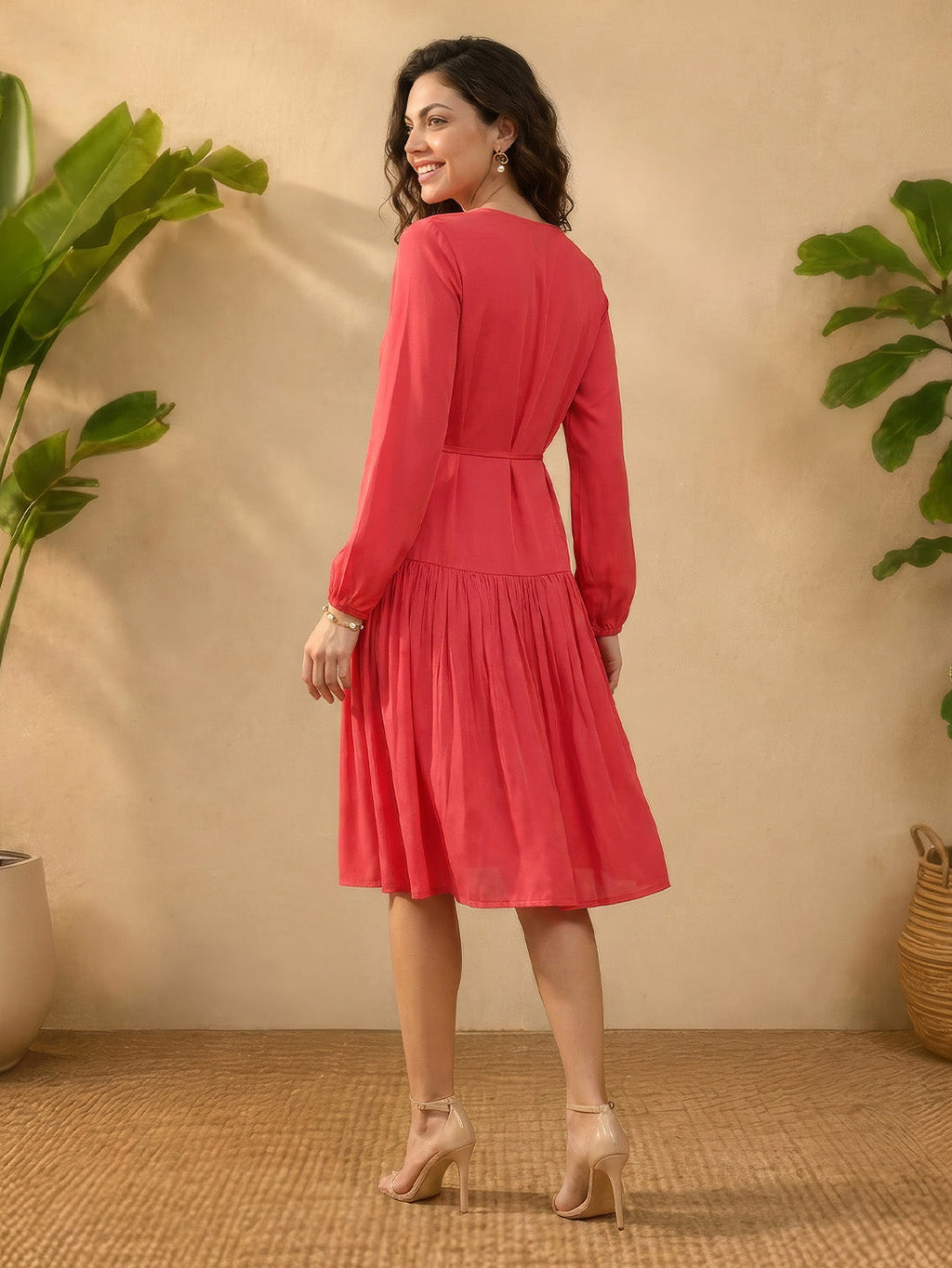 Janasya Pink Gathered Satin Dress | Grocsy