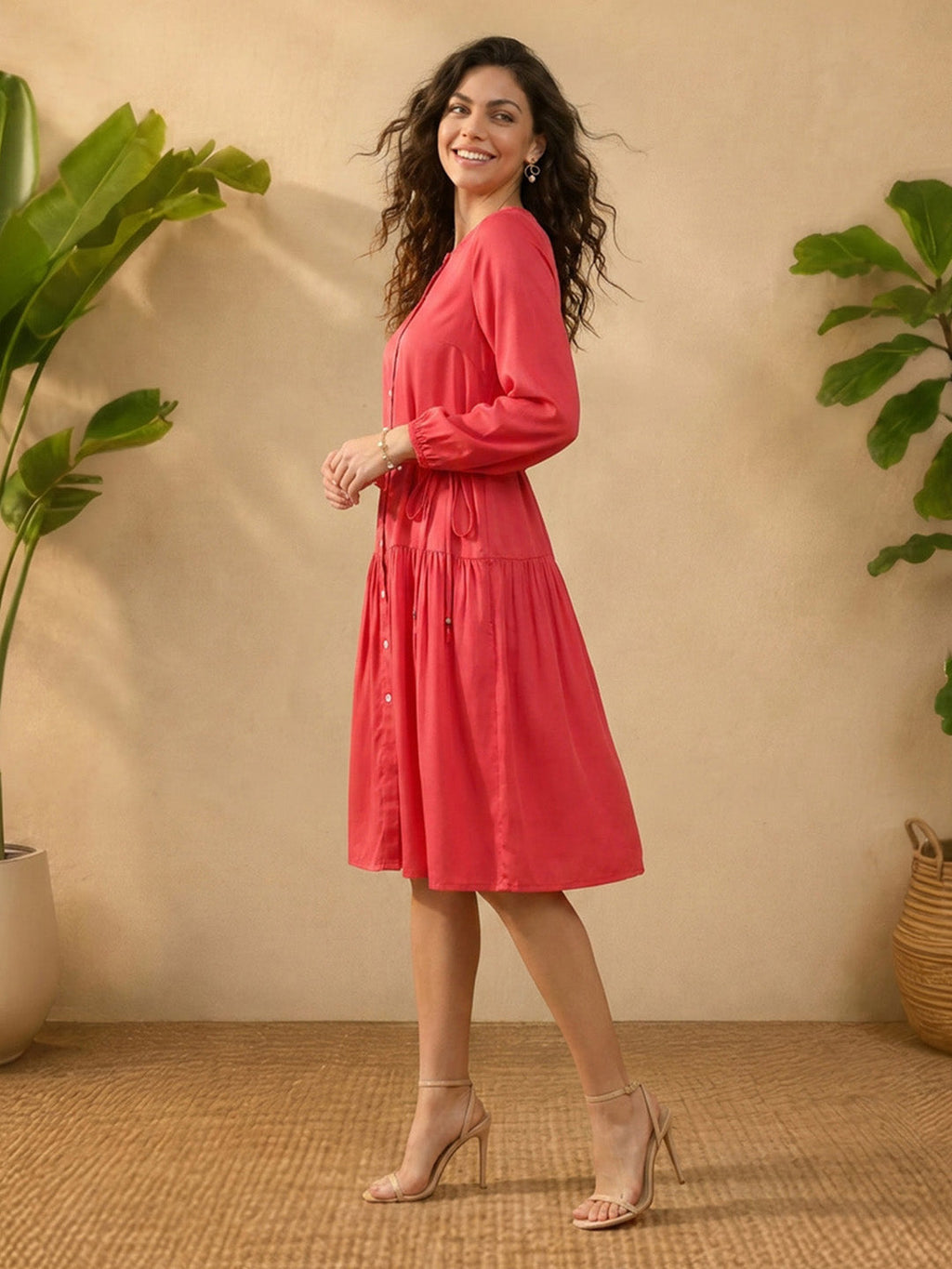 Janasya Pink Gathered Satin Dress | Grocsy