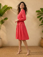 Janasya Pink Gathered Satin Dress | Grocsy