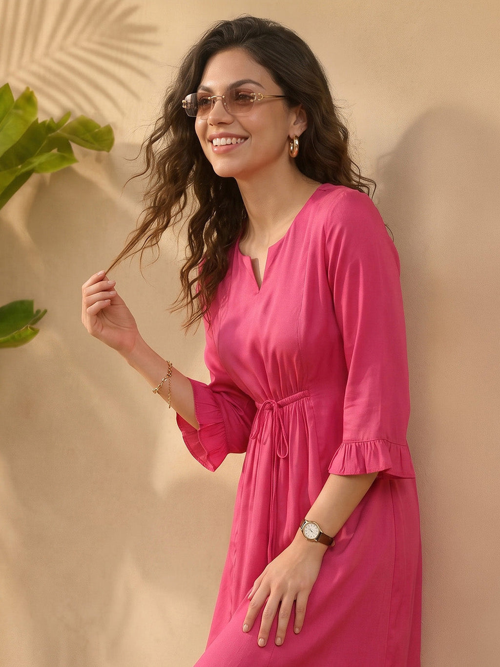 Janasya Magenta A-Line Satin Dress | Grocsy