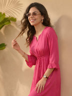 Janasya Magenta A-Line Satin Dress | Grocsy