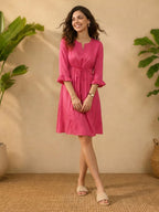 Janasya Magenta A-Line Satin Dress | Grocsy