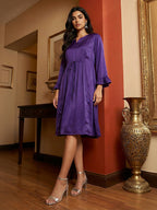 Janasya Purple A-Line Satin Dress | Grocsy
