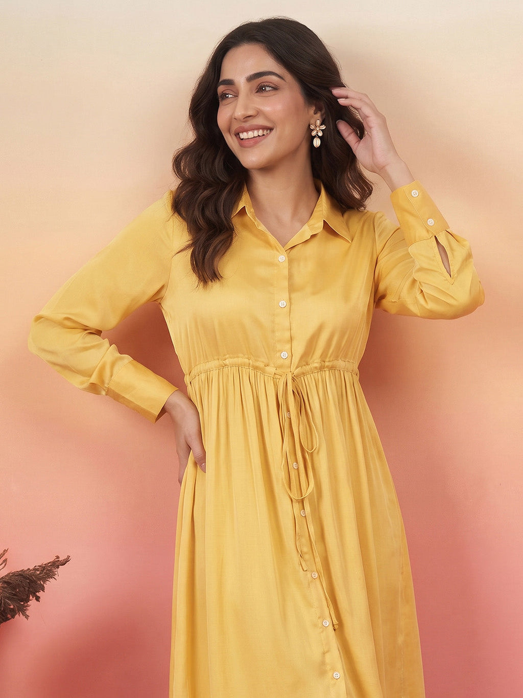 Janasya Yellow Fit & Flare Satin Dress | Grocsy