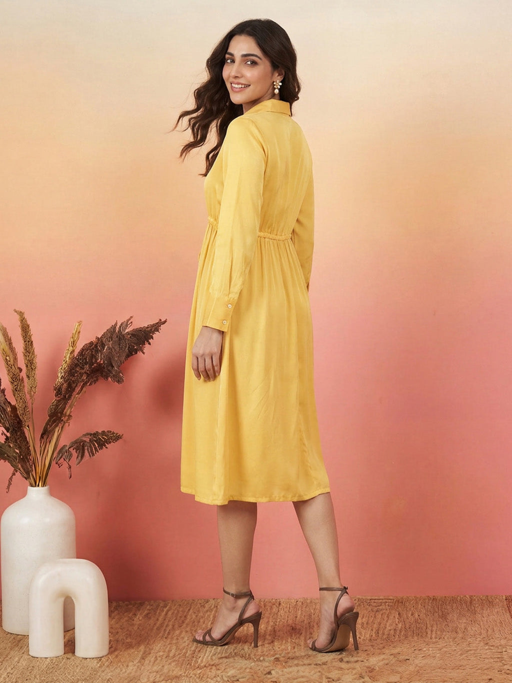 Janasya Yellow Fit & Flare Satin Dress | Grocsy