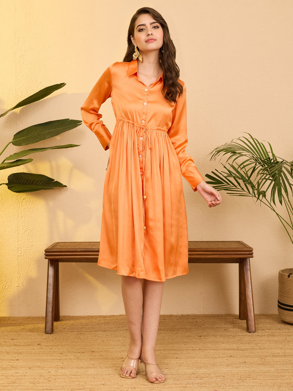 Janasya Orange Fit & Flare Satin Dress | Grocsy
